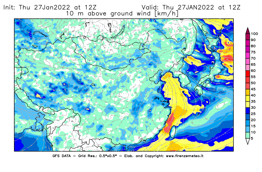 Mappa di analisi GFS - Velocità del vento a 10 metri dal suolo [km/h] in Asia Orientale
							del 27/01/2022 12 <!--googleoff: index-->UTC<!--googleon: index-->