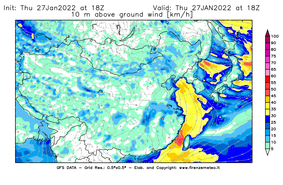 Mappa di analisi GFS - Velocità del vento a 10 metri dal suolo [km/h] in Asia Orientale
							del 27/01/2022 18 <!--googleoff: index-->UTC<!--googleon: index-->