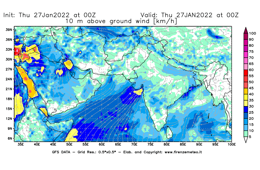 Mappa di analisi GFS - Velocità del vento a 10 metri dal suolo [km/h] in Asia Sud-Occidentale
							del 27/01/2022 00 <!--googleoff: index-->UTC<!--googleon: index-->