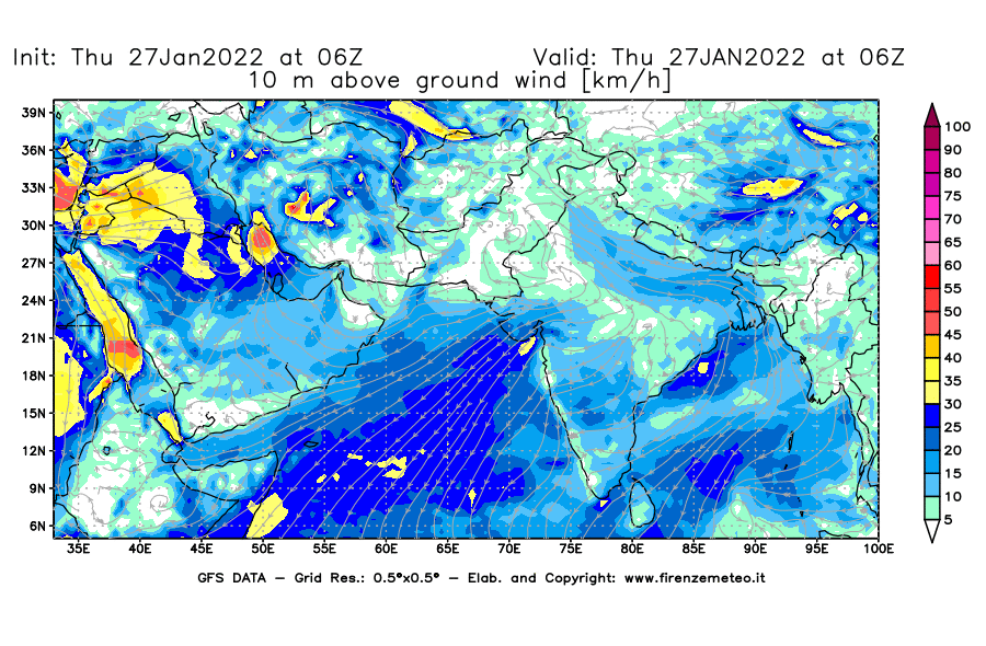 Mappa di analisi GFS - Velocità del vento a 10 metri dal suolo [km/h] in Asia Sud-Occidentale
							del 27/01/2022 06 <!--googleoff: index-->UTC<!--googleon: index-->
