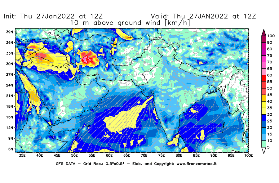 Mappa di analisi GFS - Velocità del vento a 10 metri dal suolo [km/h] in Asia Sud-Occidentale
							del 27/01/2022 12 <!--googleoff: index-->UTC<!--googleon: index-->