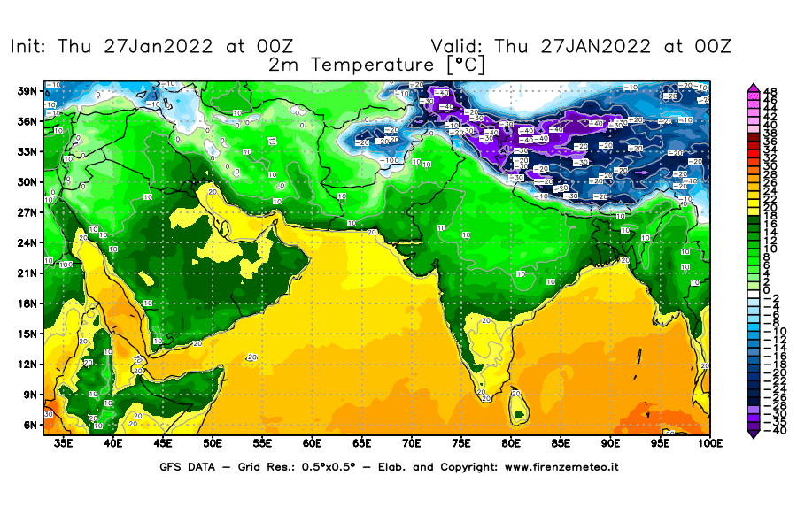 Mappa di analisi GFS - Temperatura a 2 metri dal suolo [°C] in Asia Sud-Occidentale
							del 27/01/2022 00 <!--googleoff: index-->UTC<!--googleon: index-->