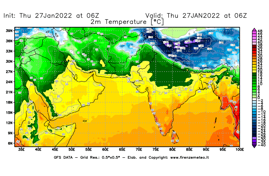 Mappa di analisi GFS - Temperatura a 2 metri dal suolo [°C] in Asia Sud-Occidentale
							del 27/01/2022 06 <!--googleoff: index-->UTC<!--googleon: index-->