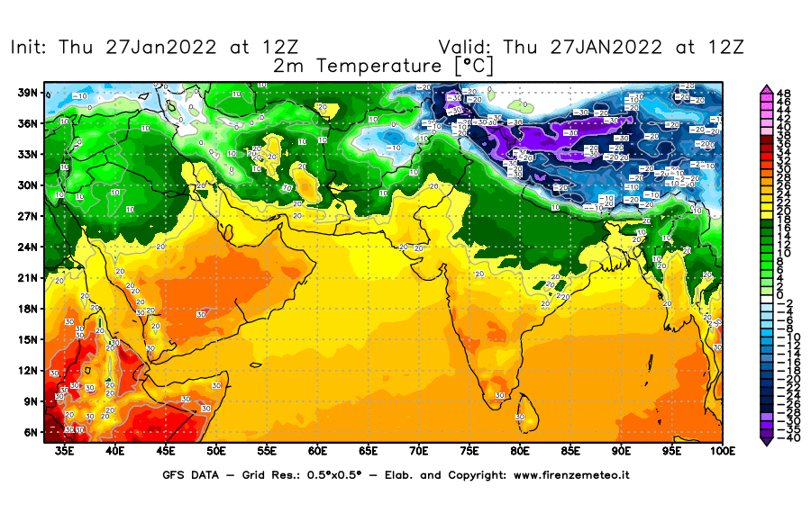 Mappa di analisi GFS - Temperatura a 2 metri dal suolo [°C] in Asia Sud-Occidentale
							del 27/01/2022 12 <!--googleoff: index-->UTC<!--googleon: index-->