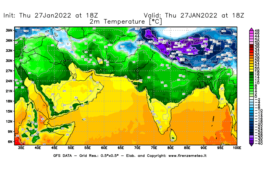 Mappa di analisi GFS - Temperatura a 2 metri dal suolo [°C] in Asia Sud-Occidentale
							del 27/01/2022 18 <!--googleoff: index-->UTC<!--googleon: index-->
