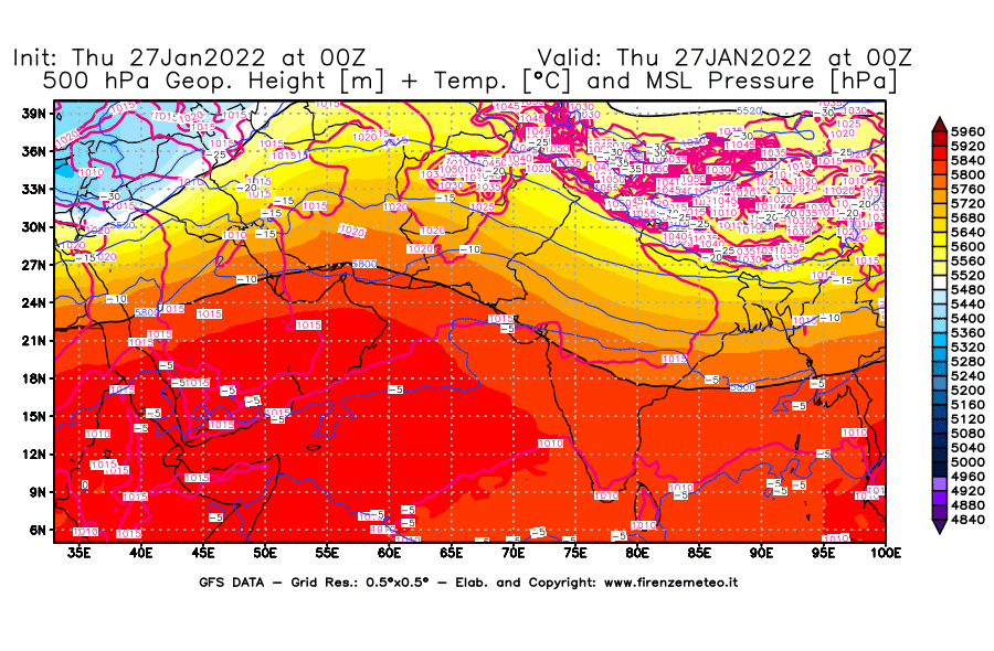 Mappa di analisi GFS - Geopotenziale [m] + Temp. [°C] a 500 hPa + Press. a livello del mare [hPa] in Asia Sud-Occidentale
							del 27/01/2022 00 <!--googleoff: index-->UTC<!--googleon: index-->