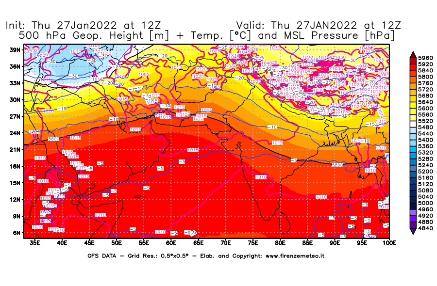 Mappa di analisi GFS - Geopotenziale [m] + Temp. [°C] a 500 hPa + Press. a livello del mare [hPa] in Asia Sud-Occidentale
							del 27/01/2022 12 <!--googleoff: index-->UTC<!--googleon: index-->