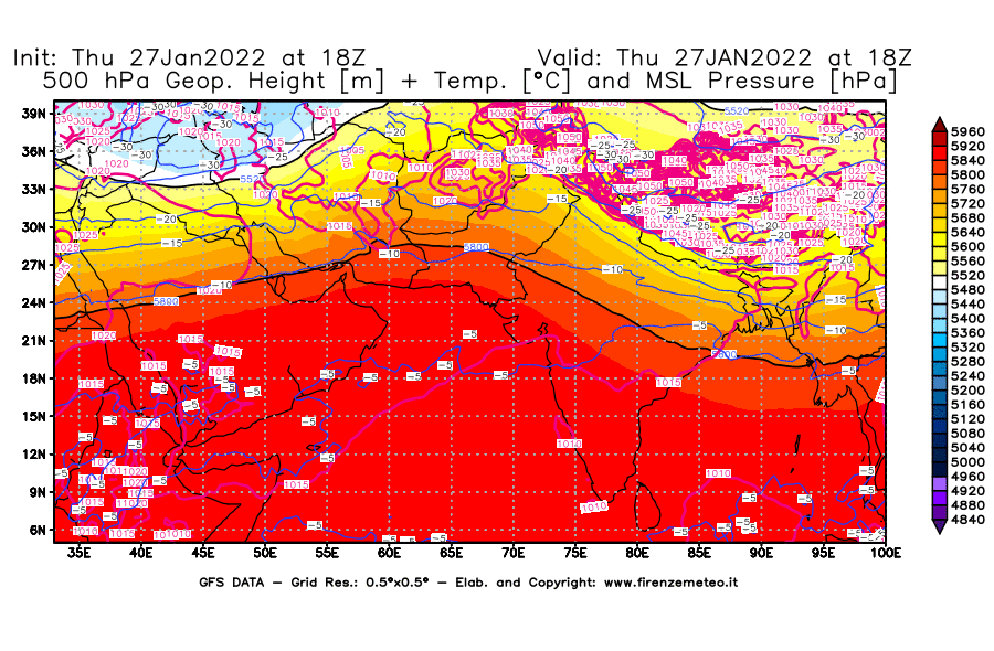 Mappa di analisi GFS - Geopotenziale [m] + Temp. [°C] a 500 hPa + Press. a livello del mare [hPa] in Asia Sud-Occidentale
							del 27/01/2022 18 <!--googleoff: index-->UTC<!--googleon: index-->