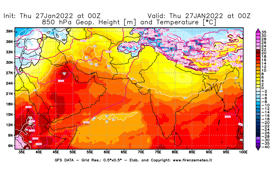 Mappa di analisi GFS - Geopotenziale [m] e Temperatura [°C] a 850 hPa in Asia Sud-Occidentale
							del 27/01/2022 00 <!--googleoff: index-->UTC<!--googleon: index-->