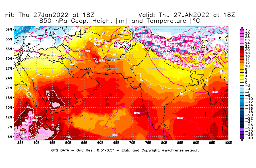 Mappa di analisi GFS - Geopotenziale [m] e Temperatura [°C] a 850 hPa in Asia Sud-Occidentale
							del 27/01/2022 18 <!--googleoff: index-->UTC<!--googleon: index-->