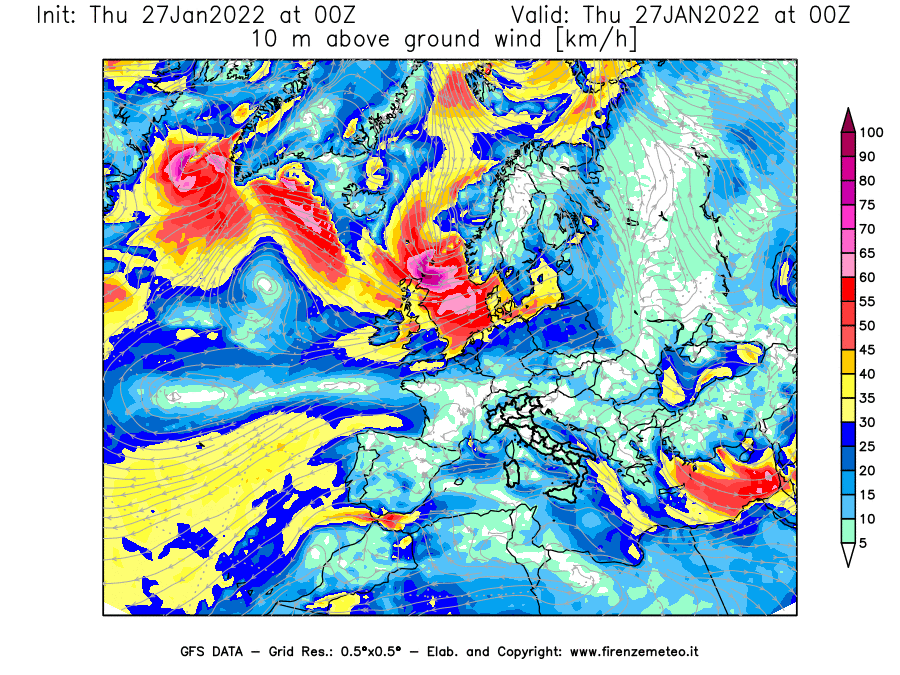 Mappa di analisi GFS - Velocità del vento a 10 metri dal suolo [km/h] in Europa
							del 27/01/2022 00 <!--googleoff: index-->UTC<!--googleon: index-->