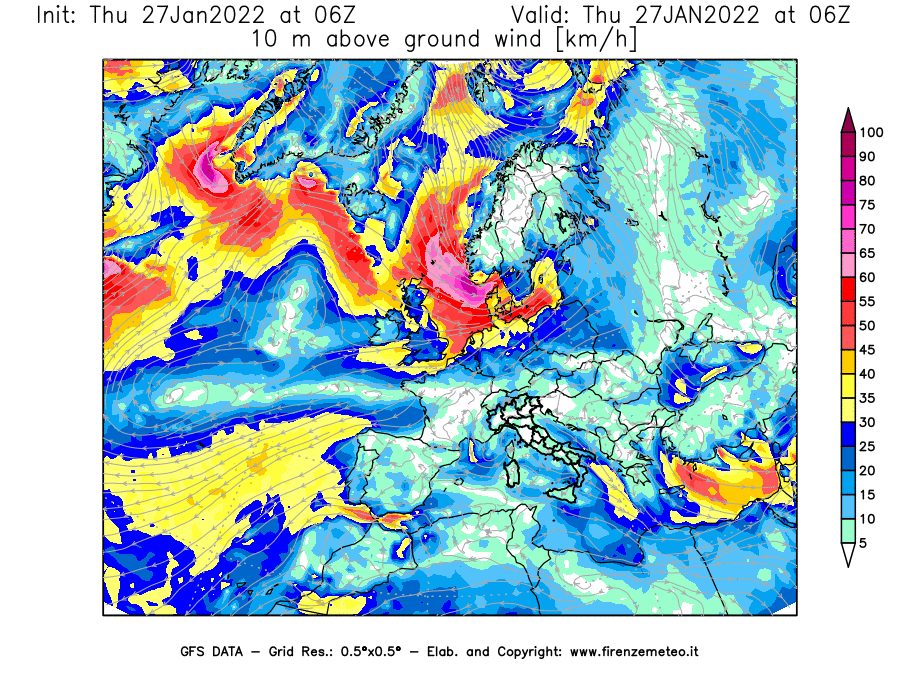 Mappa di analisi GFS - Velocità del vento a 10 metri dal suolo [km/h] in Europa
							del 27/01/2022 06 <!--googleoff: index-->UTC<!--googleon: index-->