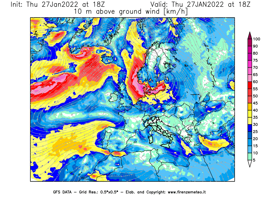 Mappa di analisi GFS - Velocità del vento a 10 metri dal suolo [km/h] in Europa
							del 27/01/2022 18 <!--googleoff: index-->UTC<!--googleon: index-->
