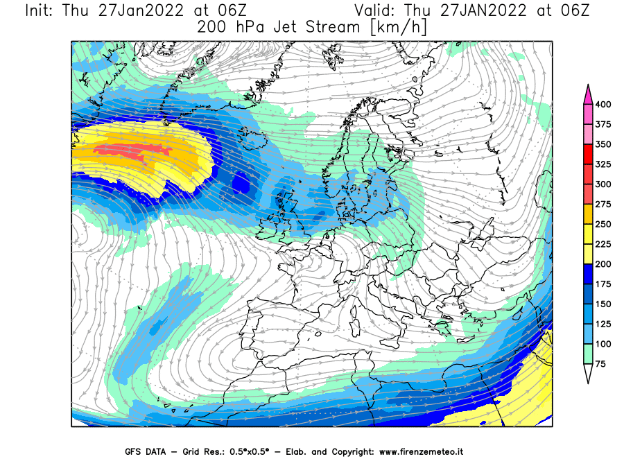 Mappa di analisi GFS - Jet Stream a 200 hPa in Europa
							del 27/01/2022 06 <!--googleoff: index-->UTC<!--googleon: index-->