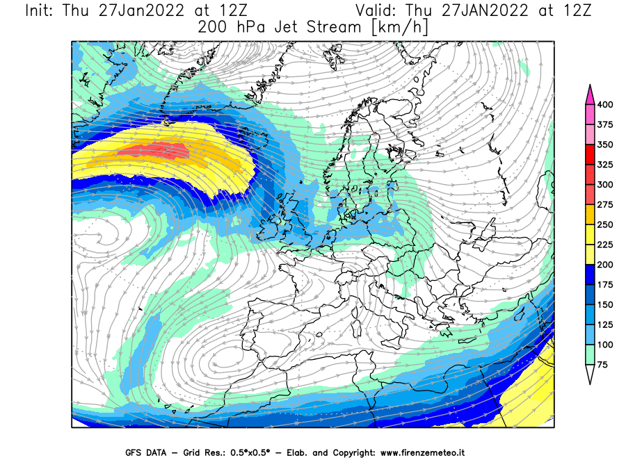 Mappa di analisi GFS - Jet Stream a 200 hPa in Europa
							del 27/01/2022 12 <!--googleoff: index-->UTC<!--googleon: index-->