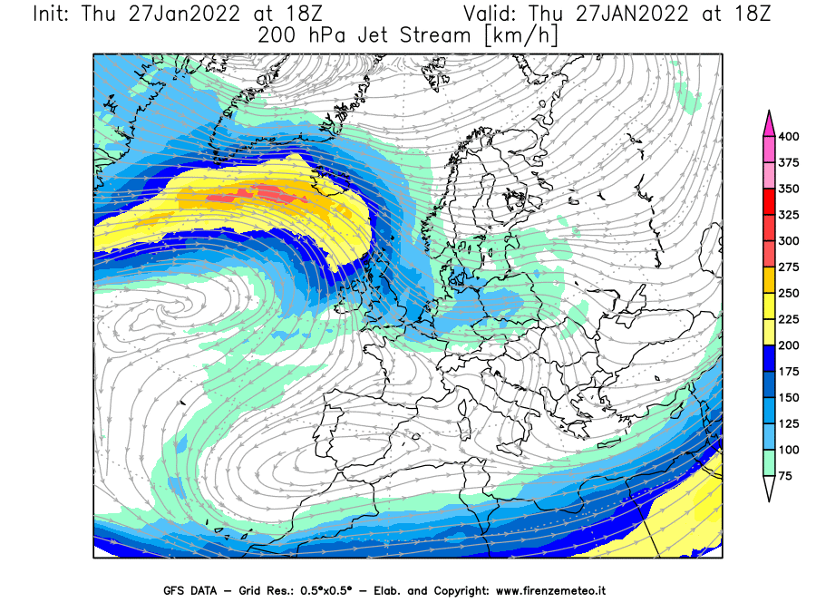 Mappa di analisi GFS - Jet Stream a 200 hPa in Europa
							del 27/01/2022 18 <!--googleoff: index-->UTC<!--googleon: index-->