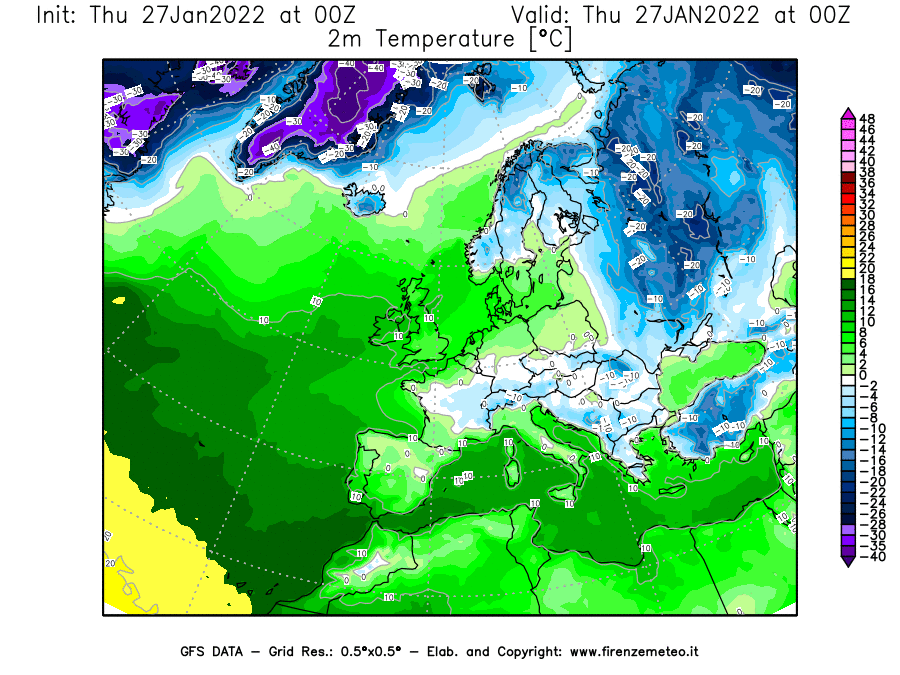 Mappa di analisi GFS - Temperatura a 2 metri dal suolo [°C] in Europa
							del 27/01/2022 00 <!--googleoff: index-->UTC<!--googleon: index-->