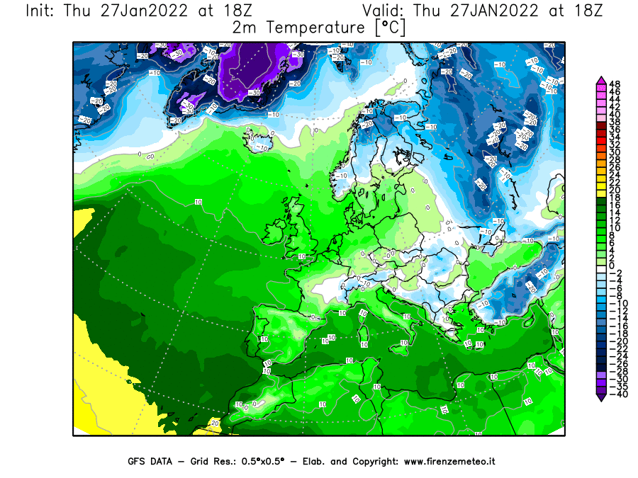 Mappa di analisi GFS - Temperatura a 2 metri dal suolo [°C] in Europa
							del 27/01/2022 18 <!--googleoff: index-->UTC<!--googleon: index-->