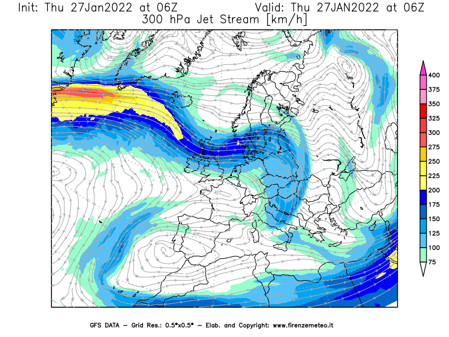 Mappa di analisi GFS - Jet Stream a 300 hPa in Europa
							del 27/01/2022 06 <!--googleoff: index-->UTC<!--googleon: index-->