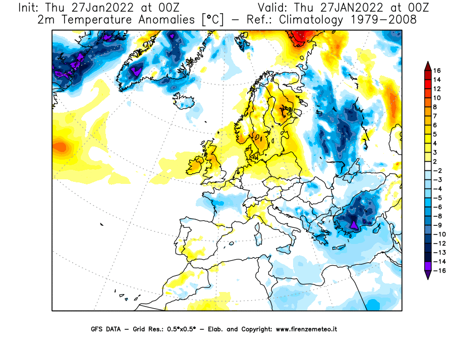Mappa di analisi GFS - Anomalia Temperatura [°C] a 2 m in Europa
							del 27/01/2022 00 <!--googleoff: index-->UTC<!--googleon: index-->
