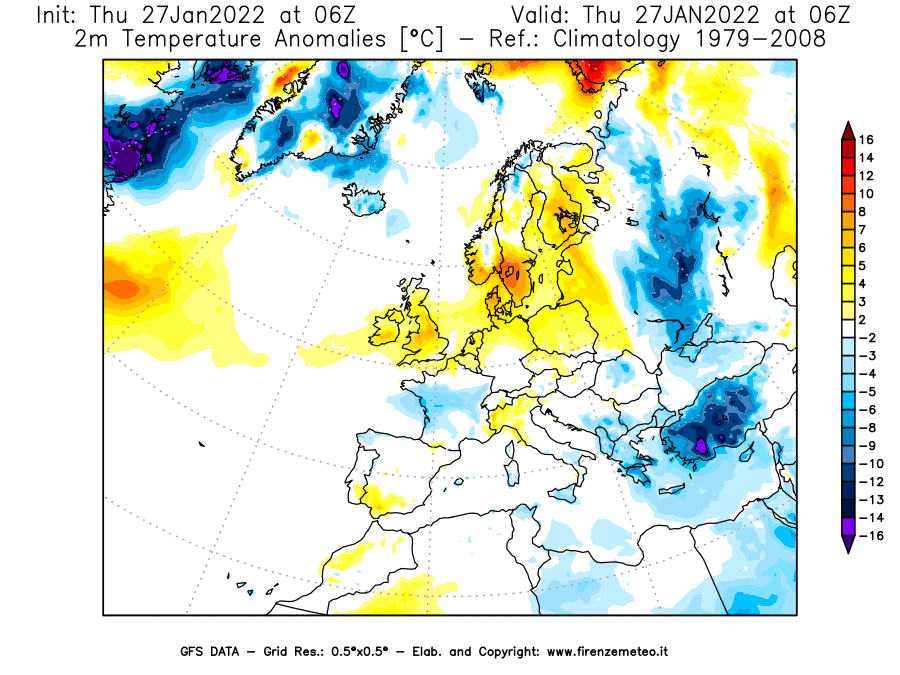 Mappa di analisi GFS - Anomalia Temperatura [°C] a 2 m in Europa
							del 27/01/2022 06 <!--googleoff: index-->UTC<!--googleon: index-->