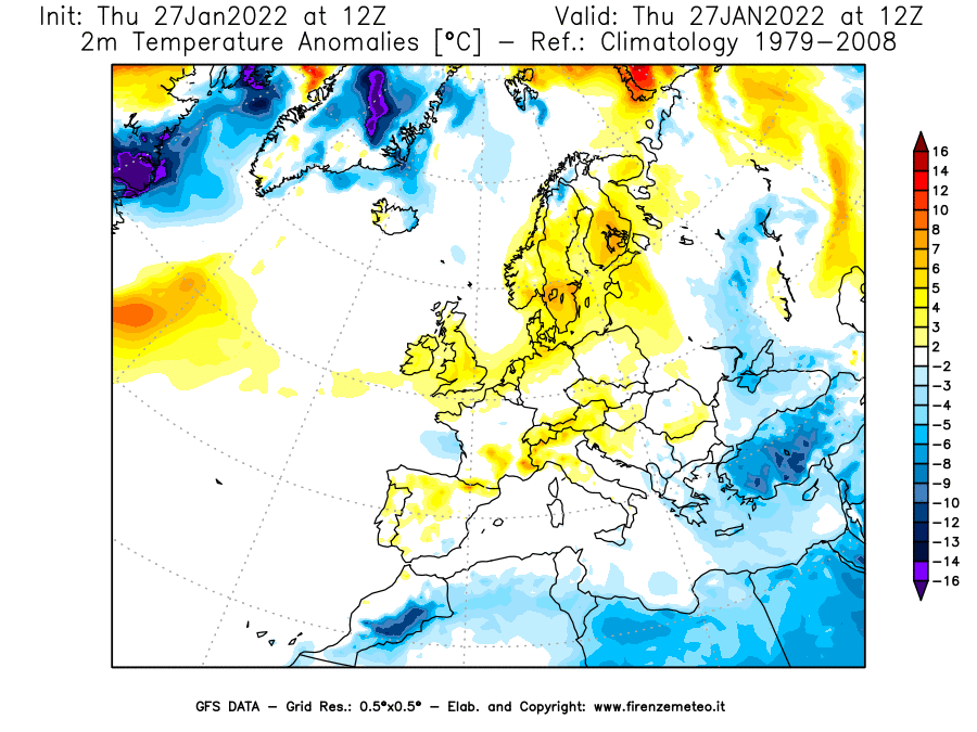 Mappa di analisi GFS - Anomalia Temperatura [°C] a 2 m in Europa
							del 27/01/2022 12 <!--googleoff: index-->UTC<!--googleon: index-->