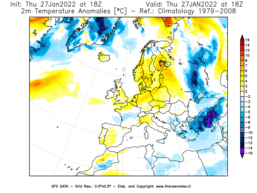 Mappa di analisi GFS - Anomalia Temperatura [°C] a 2 m in Europa
							del 27/01/2022 18 <!--googleoff: index-->UTC<!--googleon: index-->