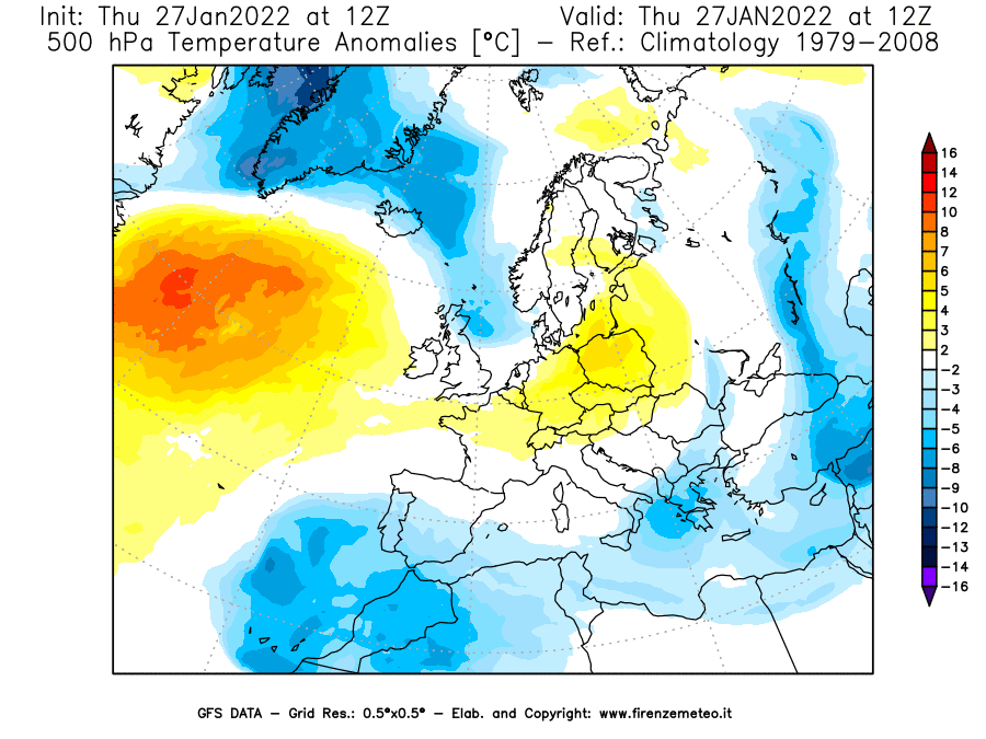 Mappa di analisi GFS - Anomalia Temperatura [°C] a 500 hPa in Europa
							del 27/01/2022 12 <!--googleoff: index-->UTC<!--googleon: index-->