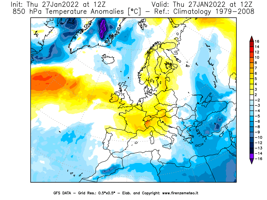 Mappa di analisi GFS - Anomalia Temperatura [°C] a 850 hPa in Europa
							del 27/01/2022 12 <!--googleoff: index-->UTC<!--googleon: index-->