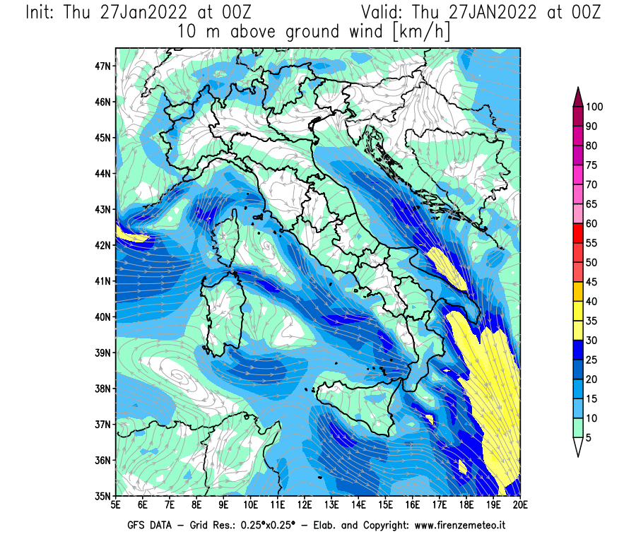Mappa di analisi GFS - Velocità del vento a 10 metri dal suolo [km/h] in Italia
							del 27/01/2022 00 <!--googleoff: index-->UTC<!--googleon: index-->