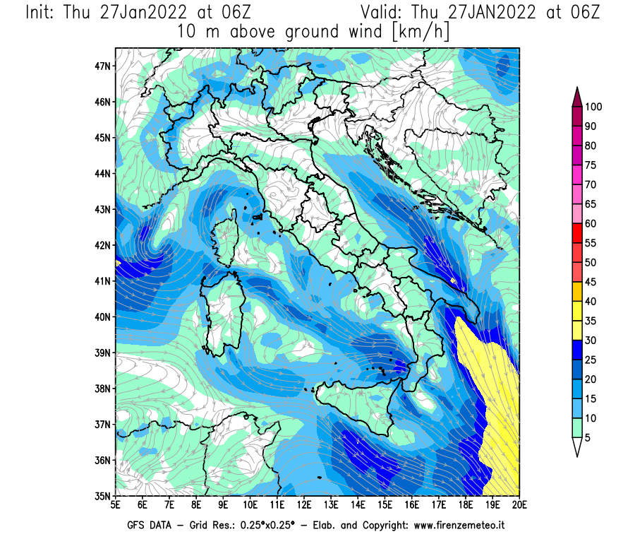 Mappa di analisi GFS - Velocità del vento a 10 metri dal suolo [km/h] in Italia
							del 27/01/2022 06 <!--googleoff: index-->UTC<!--googleon: index-->