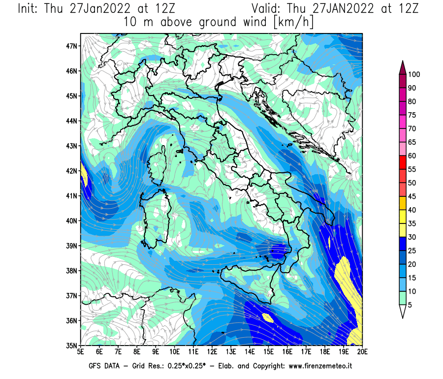 Mappa di analisi GFS - Velocità del vento a 10 metri dal suolo [km/h] in Italia
							del 27/01/2022 12 <!--googleoff: index-->UTC<!--googleon: index-->
