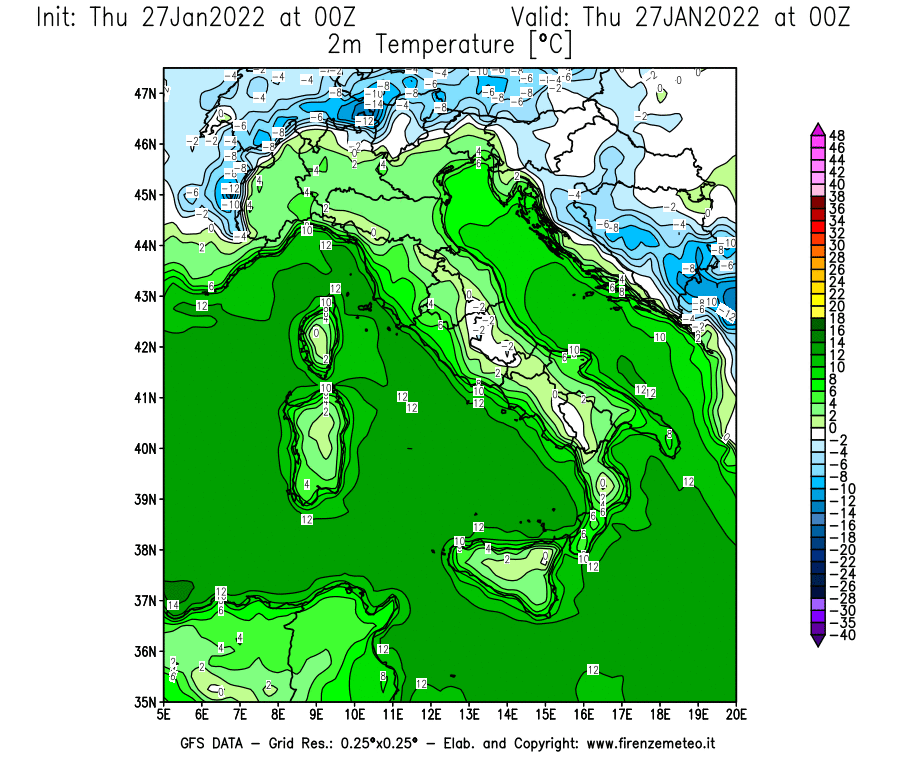 Mappa di analisi GFS - Temperatura a 2 metri dal suolo [°C] in Italia
							del 27/01/2022 00 <!--googleoff: index-->UTC<!--googleon: index-->