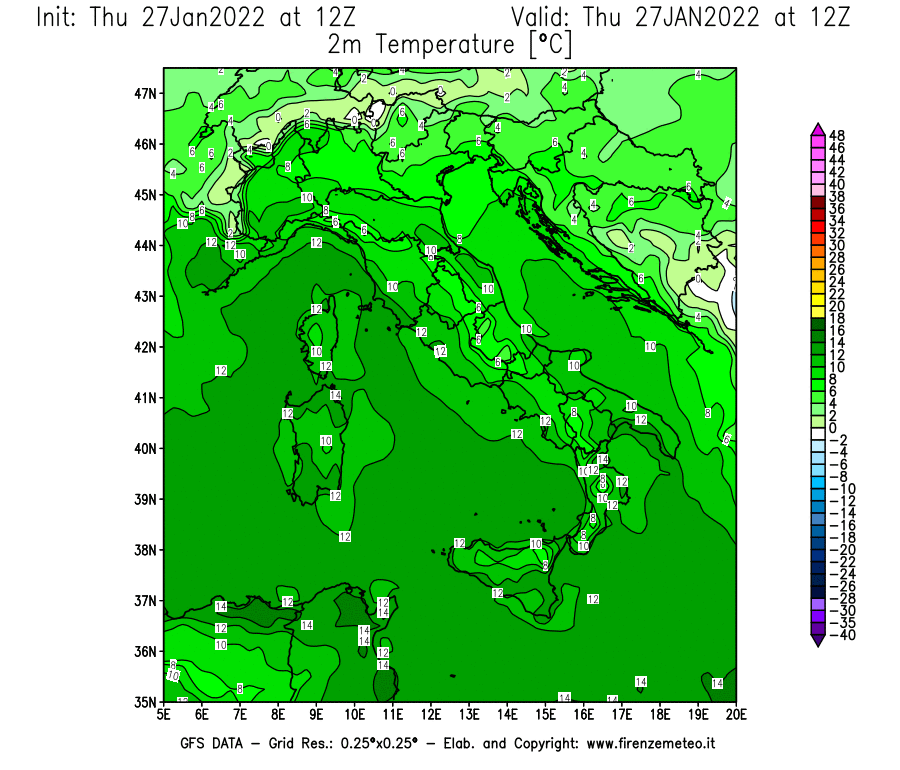 Mappa di analisi GFS - Temperatura a 2 metri dal suolo [°C] in Italia
							del 27/01/2022 12 <!--googleoff: index-->UTC<!--googleon: index-->