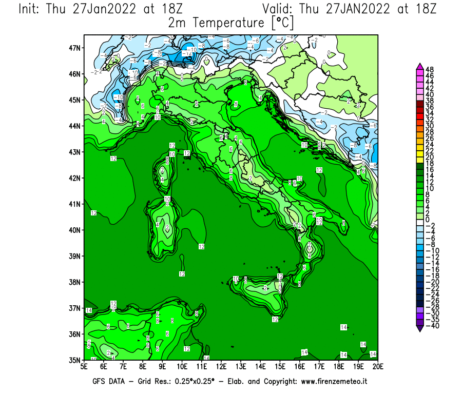 Mappa di analisi GFS - Temperatura a 2 metri dal suolo [°C] in Italia
							del 27/01/2022 18 <!--googleoff: index-->UTC<!--googleon: index-->