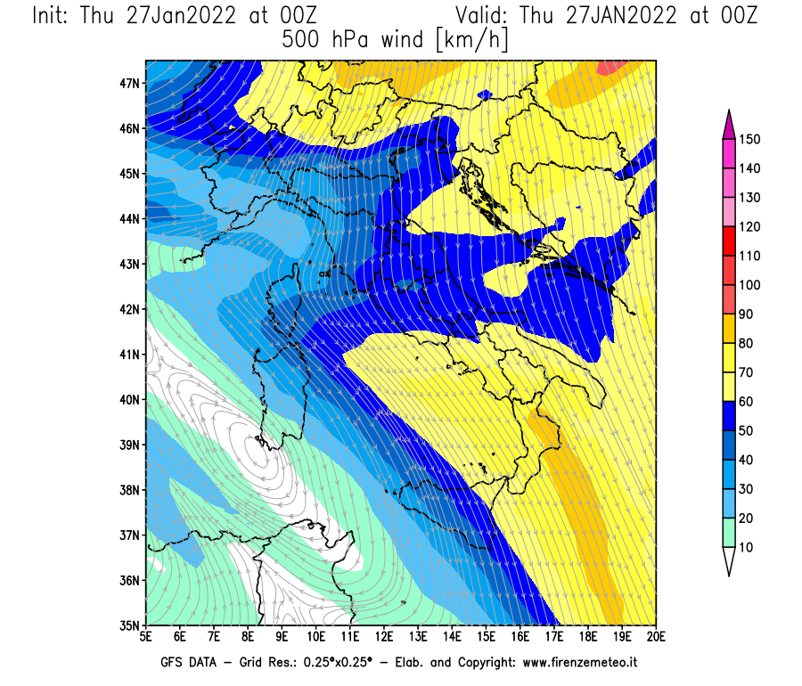Mappa di analisi GFS - Velocità del vento a 500 hPa [km/h] in Italia
							del 27/01/2022 00 <!--googleoff: index-->UTC<!--googleon: index-->