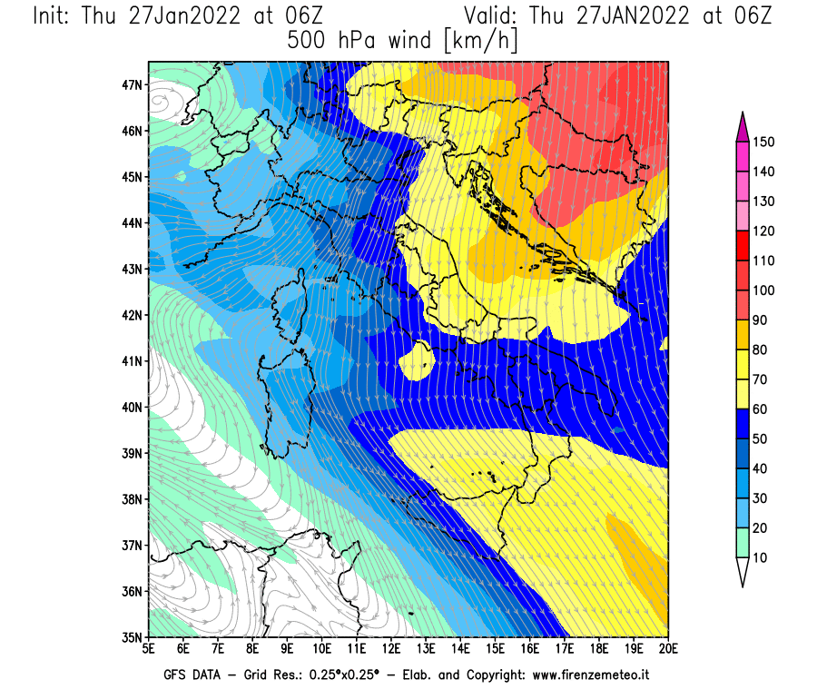 Mappa di analisi GFS - Velocità del vento a 500 hPa [km/h] in Italia
							del 27/01/2022 06 <!--googleoff: index-->UTC<!--googleon: index-->