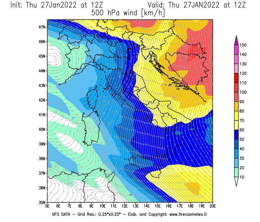 Mappa di analisi GFS - Velocità del vento a 500 hPa [km/h] in Italia
							del 27/01/2022 12 <!--googleoff: index-->UTC<!--googleon: index-->