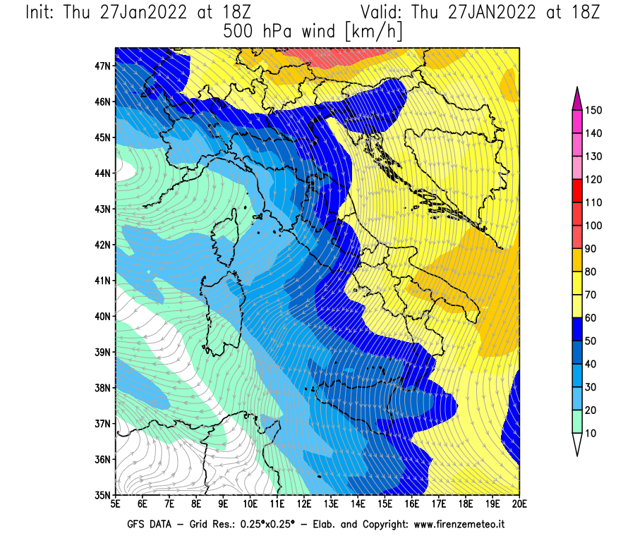Mappa di analisi GFS - Velocità del vento a 500 hPa [km/h] in Italia
							del 27/01/2022 18 <!--googleoff: index-->UTC<!--googleon: index-->