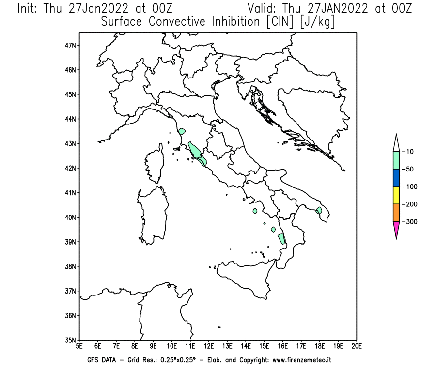 Mappa di analisi GFS - CIN [J/kg] in Italia
							del 27/01/2022 00 <!--googleoff: index-->UTC<!--googleon: index-->