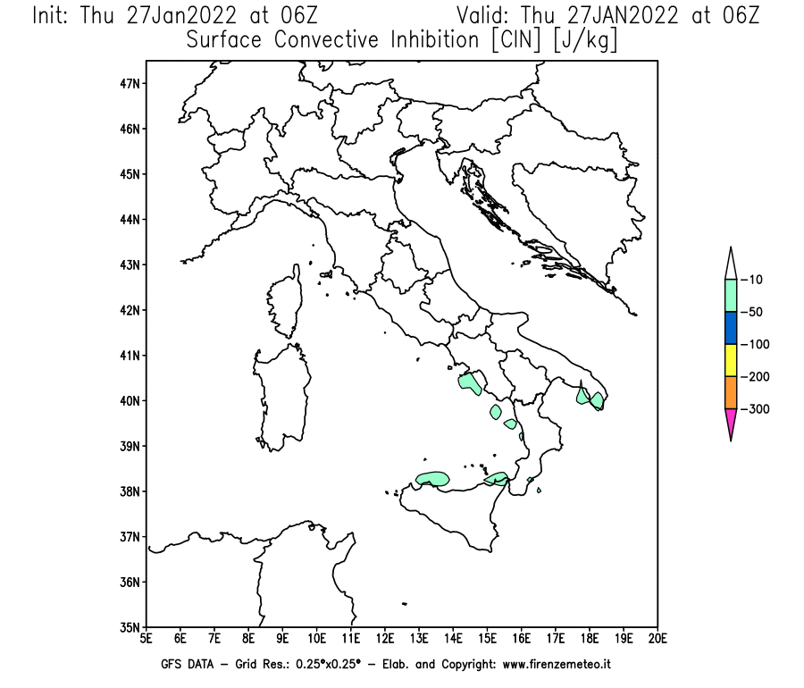 Mappa di analisi GFS - CIN [J/kg] in Italia
							del 27/01/2022 06 <!--googleoff: index-->UTC<!--googleon: index-->