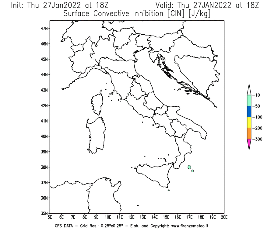 Mappa di analisi GFS - CIN [J/kg] in Italia
							del 27/01/2022 18 <!--googleoff: index-->UTC<!--googleon: index-->