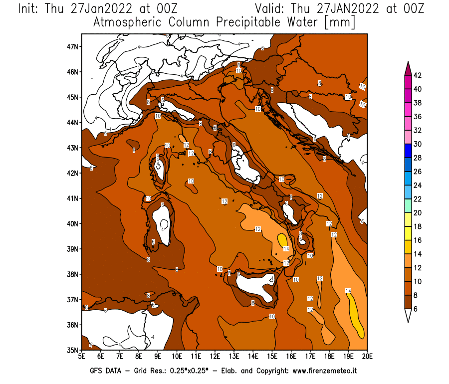 Mappa di analisi GFS - Precipitable Water [mm] in Italia
							del 27/01/2022 00 <!--googleoff: index-->UTC<!--googleon: index-->