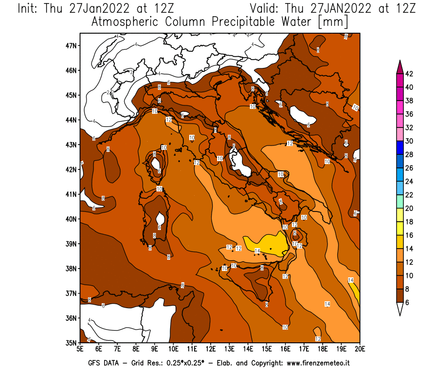 Mappa di analisi GFS - Precipitable Water [mm] in Italia
							del 27/01/2022 12 <!--googleoff: index-->UTC<!--googleon: index-->
