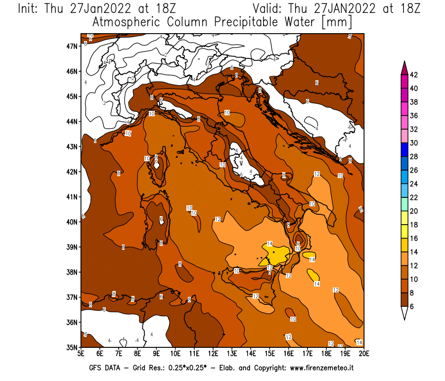 Mappa di analisi GFS - Precipitable Water [mm] in Italia
							del 27/01/2022 18 <!--googleoff: index-->UTC<!--googleon: index-->
