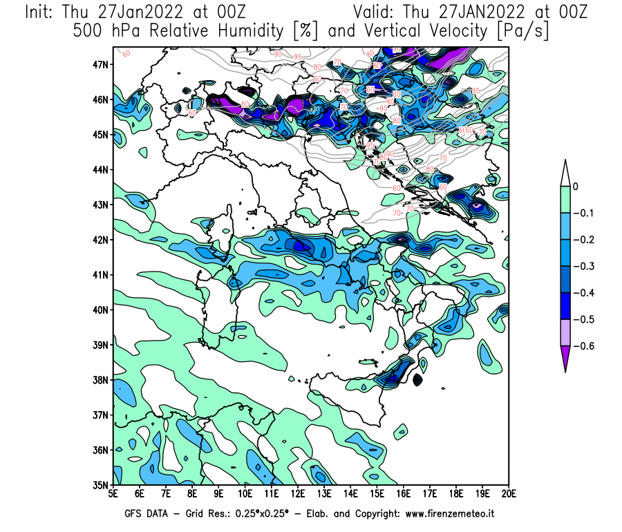 Mappa di analisi GFS - Umidità relativa [%] e Omega [Pa/s] a 500 hPa in Italia
							del 27/01/2022 00 <!--googleoff: index-->UTC<!--googleon: index-->