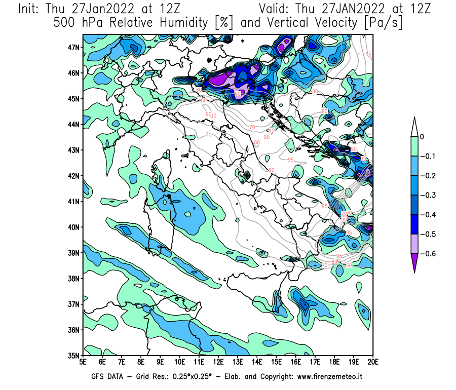 Mappa di analisi GFS - Umidità relativa [%] e Omega [Pa/s] a 500 hPa in Italia
							del 27/01/2022 12 <!--googleoff: index-->UTC<!--googleon: index-->