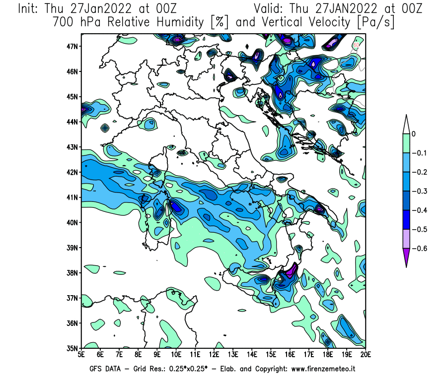 Mappa di analisi GFS - Umidità relativa [%] e Omega [Pa/s] a 700 hPa in Italia
							del 27/01/2022 00 <!--googleoff: index-->UTC<!--googleon: index-->