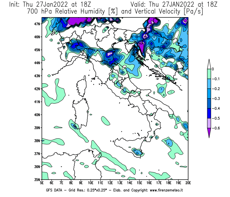 Mappa di analisi GFS - Umidità relativa [%] e Omega [Pa/s] a 700 hPa in Italia
							del 27/01/2022 18 <!--googleoff: index-->UTC<!--googleon: index-->