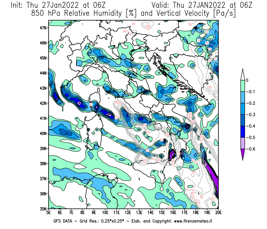 Mappa di analisi GFS - Umidità relativa [%] e Omega [Pa/s] a 850 hPa in Italia
							del 27/01/2022 06 <!--googleoff: index-->UTC<!--googleon: index-->